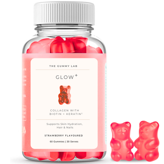 Glow+ Collagen Gummies with Biotin & Hydrolyzed Keratin - Strawberry Flavour
