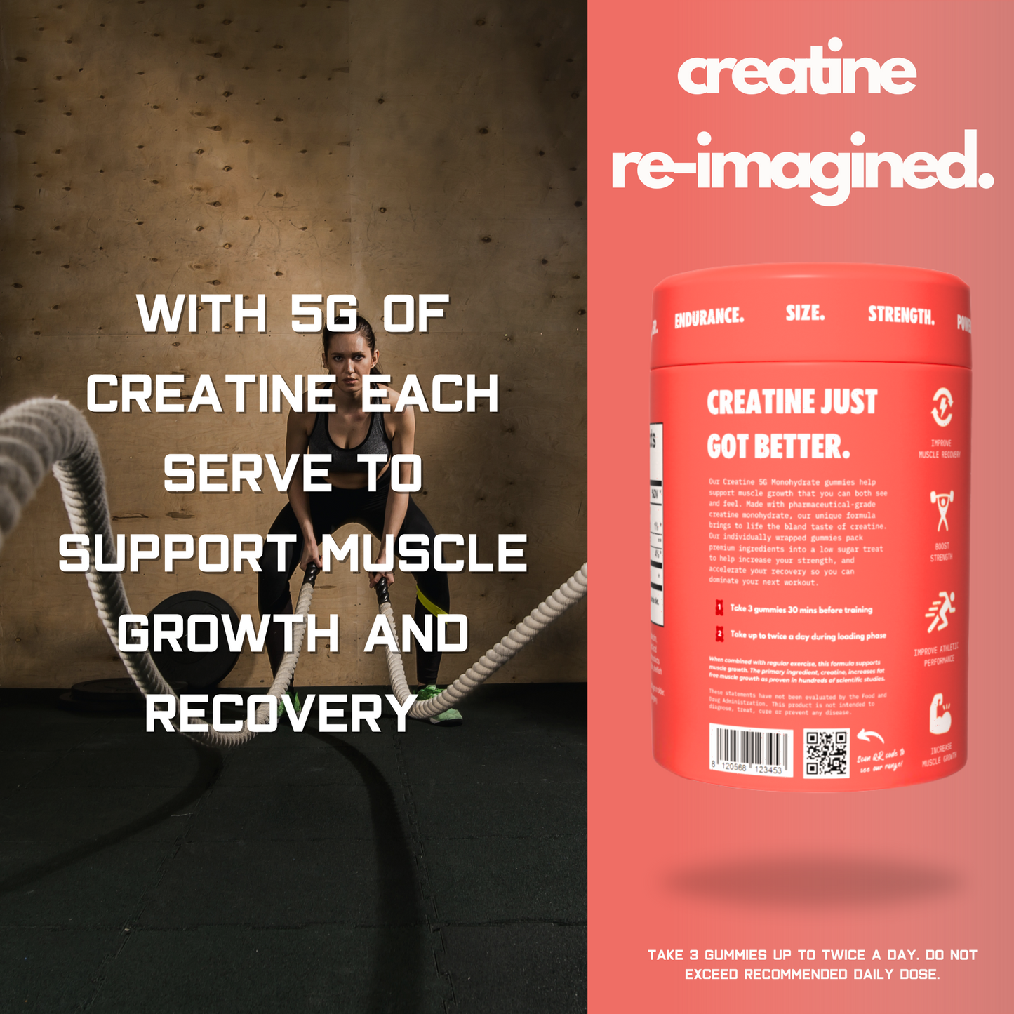 Creatine Monohydrate Gummies 5G Strawberry 90 Individually Wrapped Pieces
