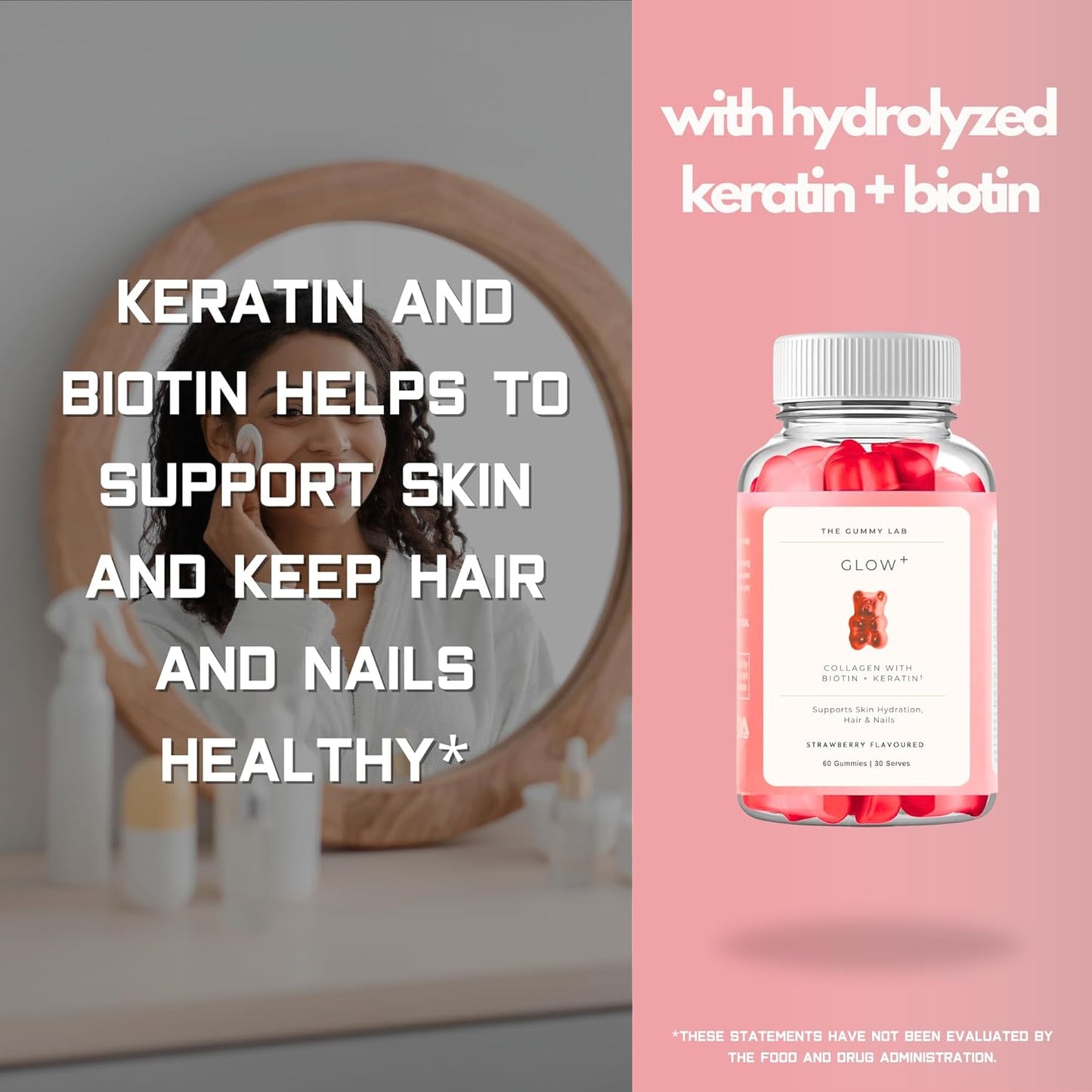 Glow+ Collagen Gummies with Biotin & Hydrolyzed Keratin - Strawberry Flavour