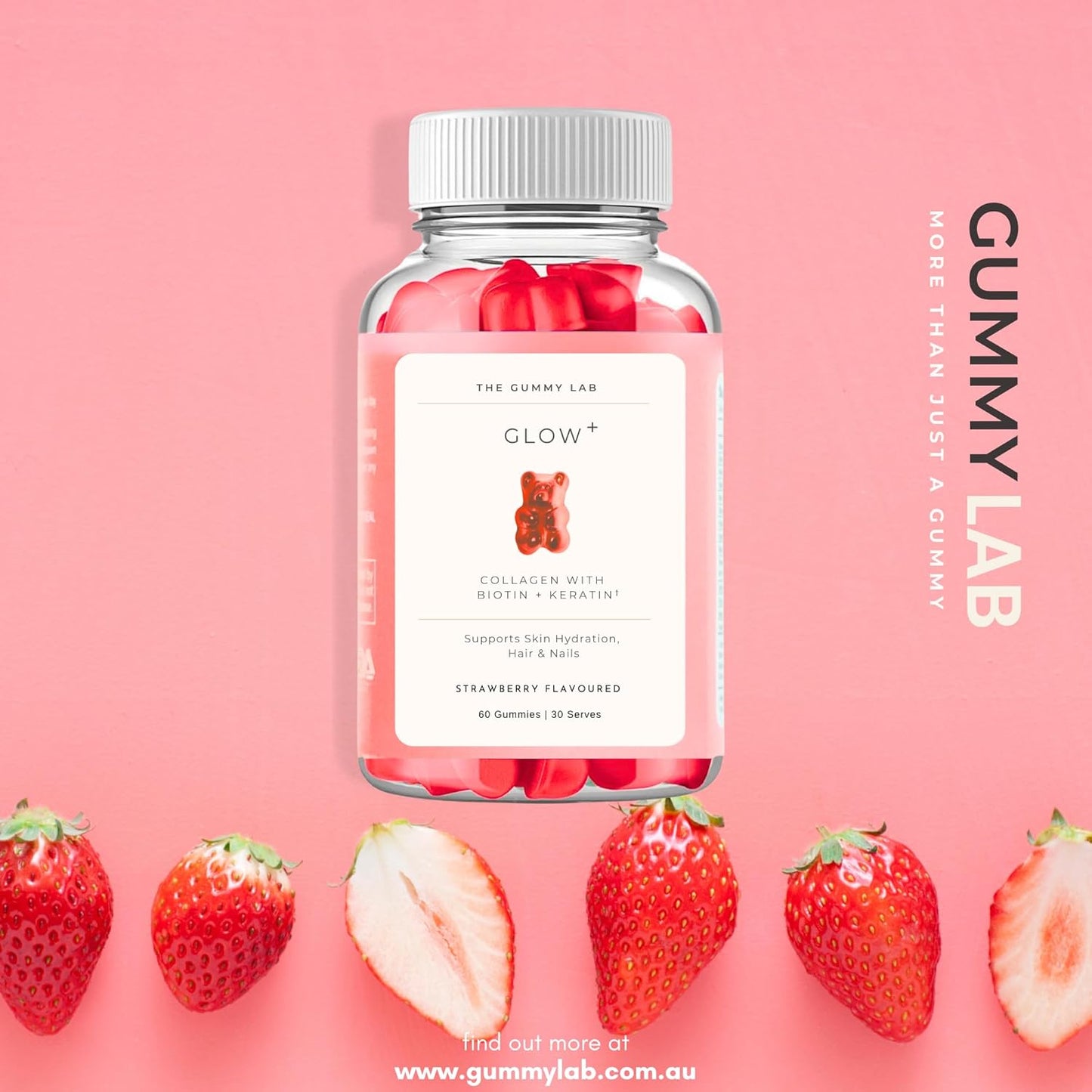 Glow+ Collagen Gummies with Biotin & Hydrolyzed Keratin - Strawberry Flavour