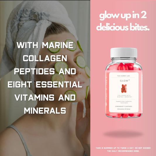 Glow+ Collagen Gummies with Biotin & Hydrolyzed Keratin - Strawberry Flavour