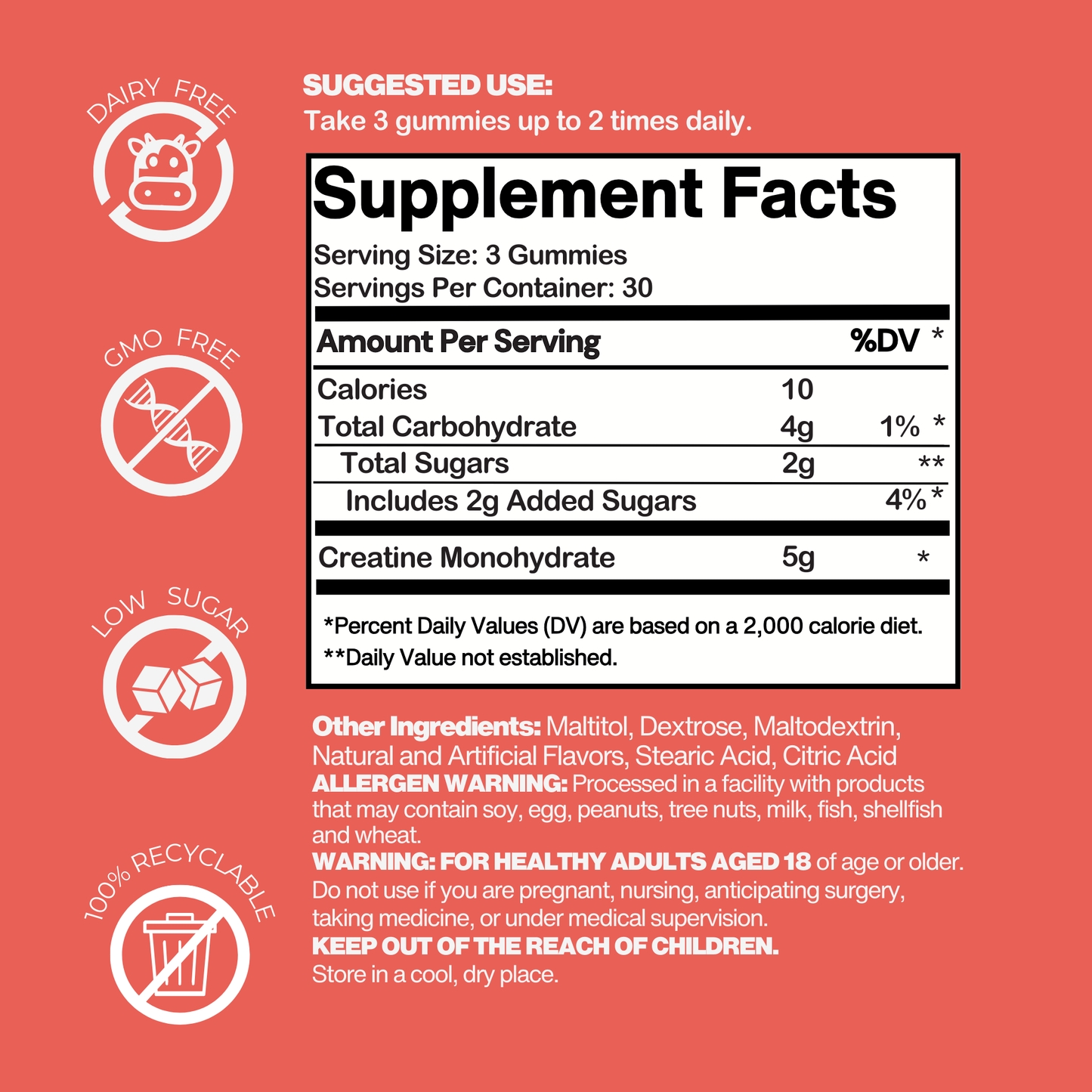 Creatine Monohydrate Gummies 5G Strawberry 90 Individually Wrapped Pieces