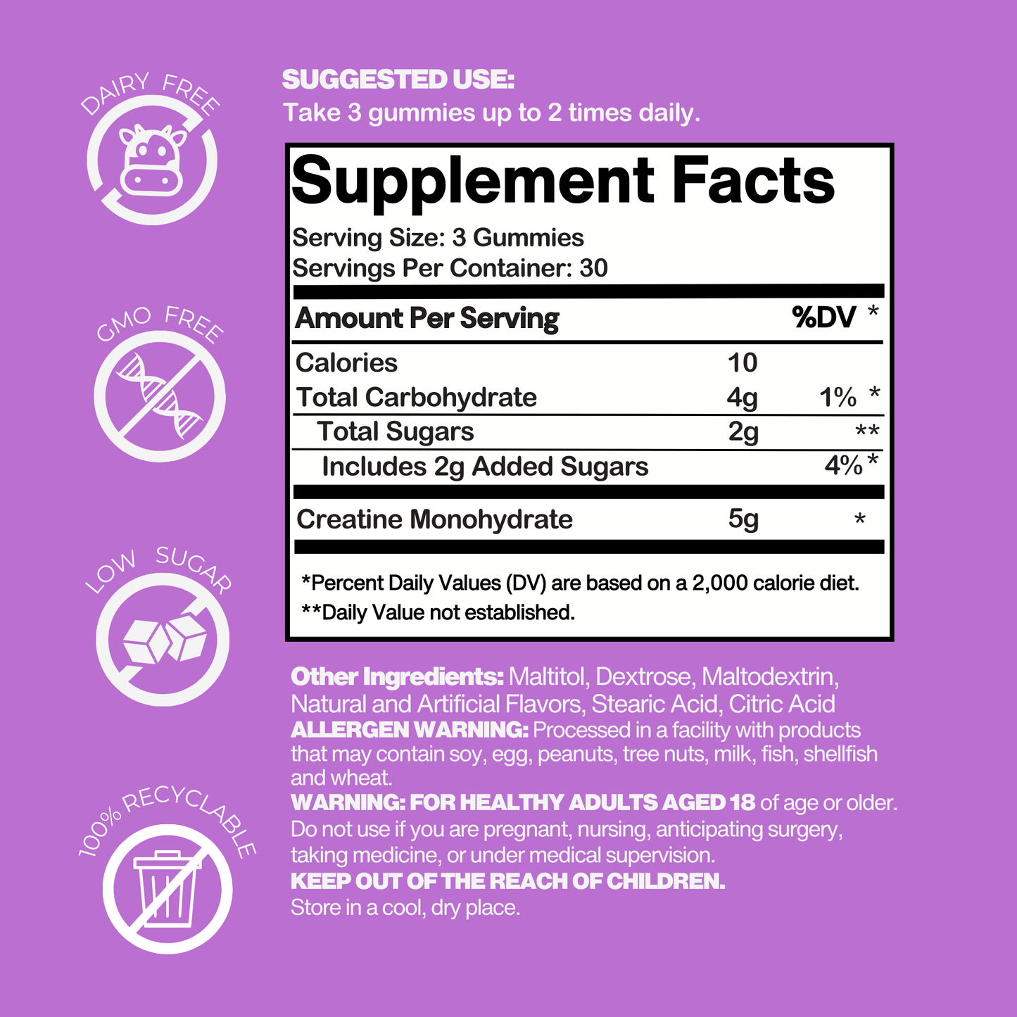 Creatine Monohydrate Gummies 5G Grape Burst 90 Individually Wrapped Pieces