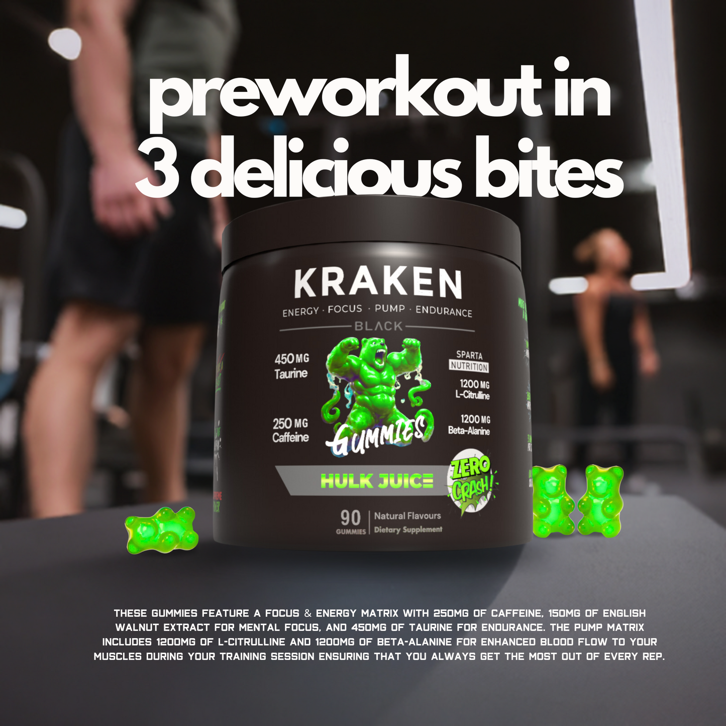 Kraken Stim Pre-Workout Gummies for Focus, Energy & Endurance 90 pcs