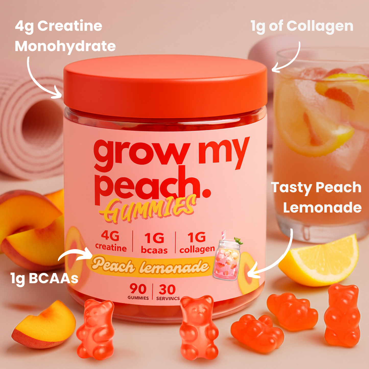 Grow My Peach Gummies - Booty Builder with Creatine, BCAAs & Collagen