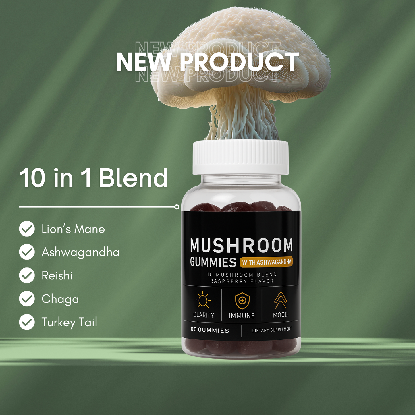 10 in 1 Mushroom Blend Gummies with Reishi, Lion's Mane & Chaga
