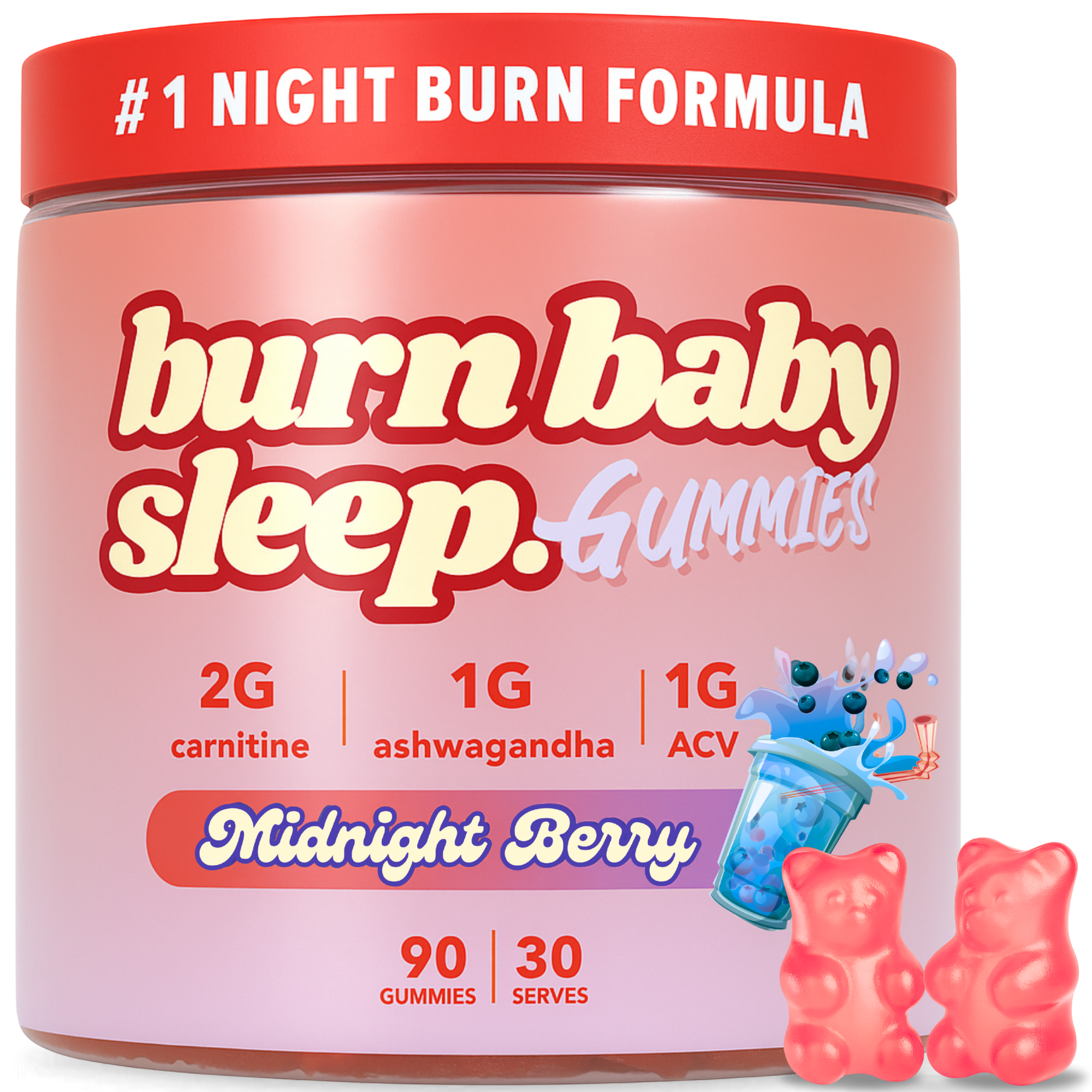 Burn Baby Sleep – Nighttime Vegan Gummies with ACV, L-Carnitine & Ashwagandha | Midnight Berry | 90 Gummies (30 Servings)