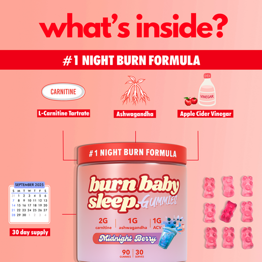 Burn Baby Sleep – Nighttime Vegan Gummies with ACV, L-Carnitine & Ashwagandha | Midnight Berry | 90 Gummies (30 Servings)