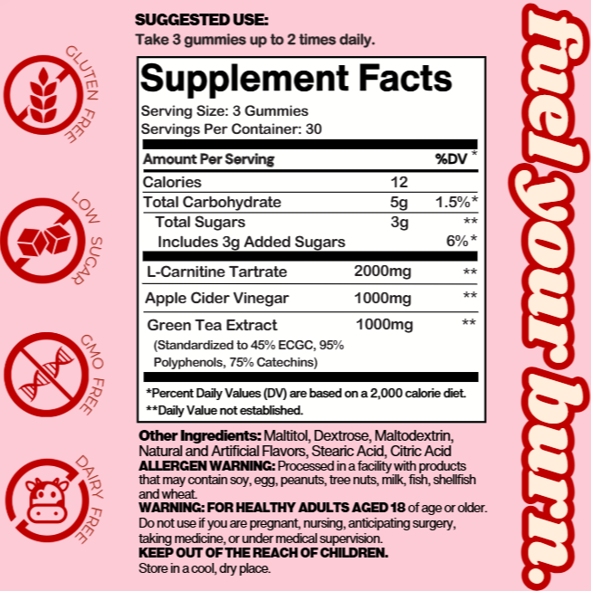 Burn Baby Burn – Daytime Vegan Gummies with ACV, L-Carnitine & Green Tea | Strawberry Sunrise | 90 Gummies (30 Servings)