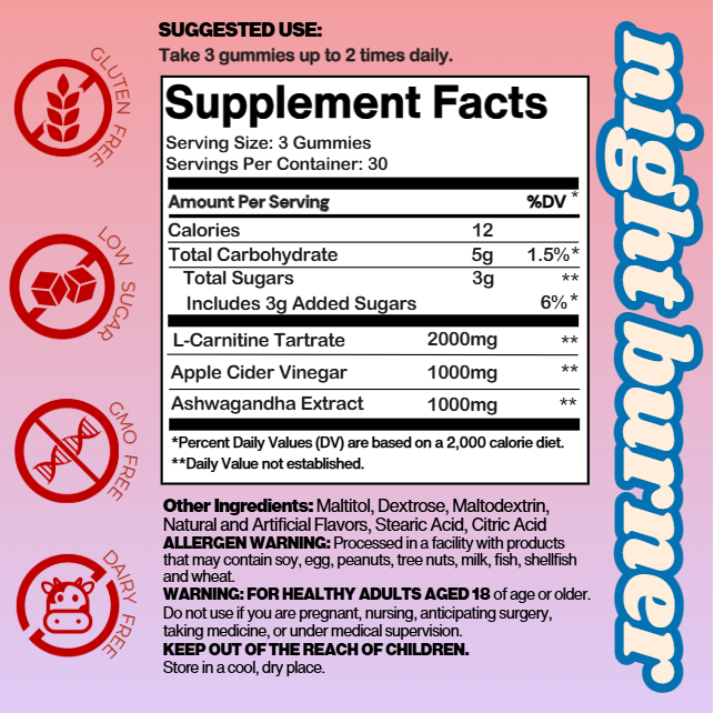 Burn Baby Sleep – Nighttime Vegan Gummies with ACV, L-Carnitine & Ashwagandha | Midnight Berry | 90 Gummies (30 Servings)
