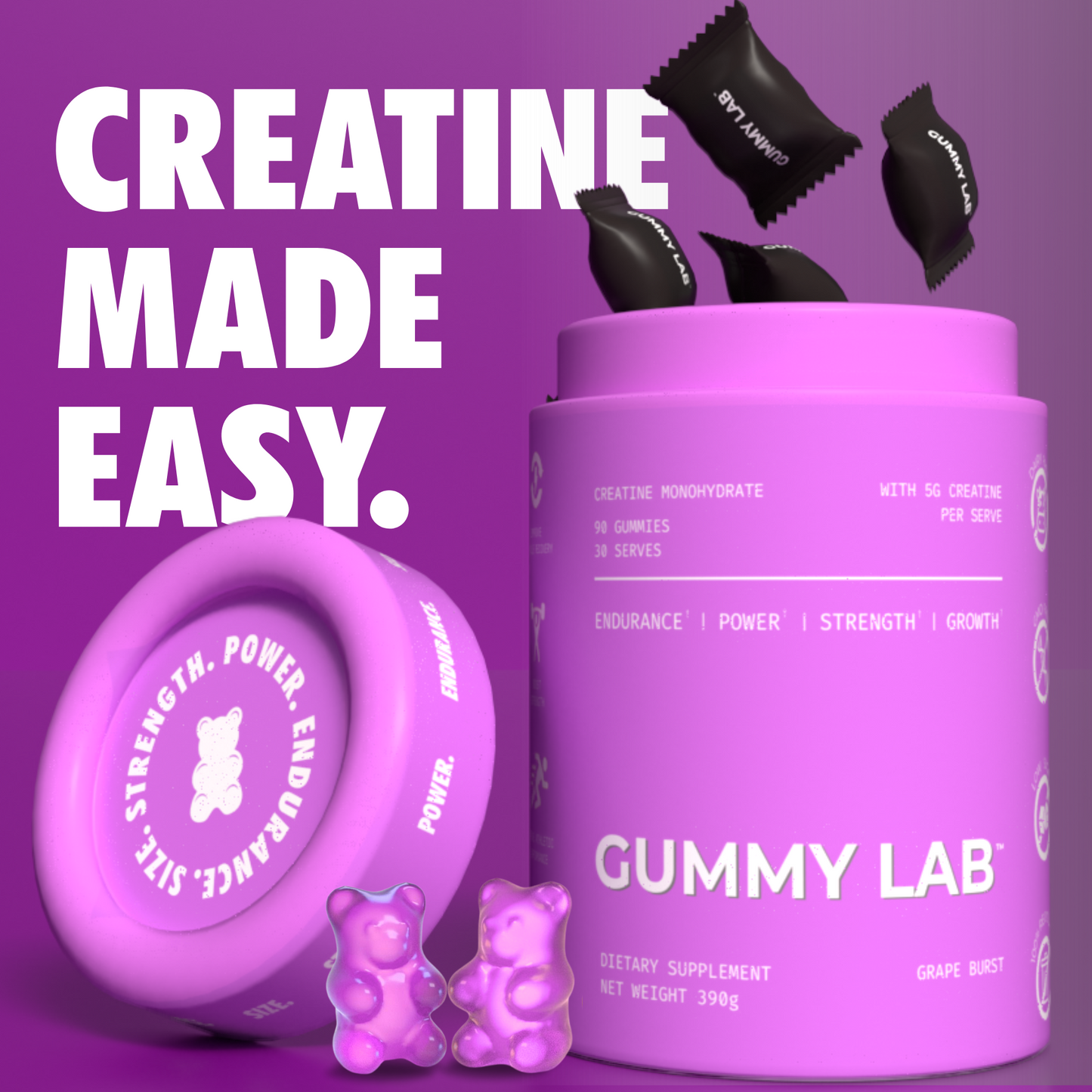 Creatine Monohydrate Gummies 5G Grape Burst 90 Individually Wrapped Pieces
