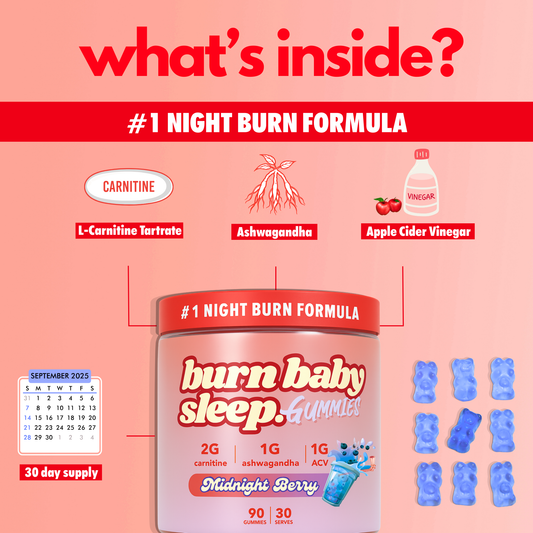 Burn Baby Sleep – Nighttime Vegan Gummies with ACV, L-Carnitine & Ashwagandha | Midnight Berry | 90 Gummies (30 Servings)