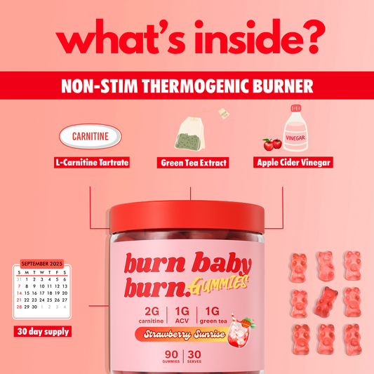 Burn Baby Burn – Daytime Vegan Gummies with ACV, L-Carnitine & Green Tea | Strawberry Sunrise | 90 Gummies (30 Servings)