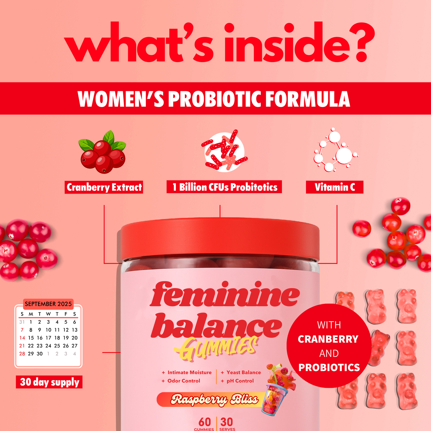 Feminine Balance Probiotic Gummies for Women with Cranberry