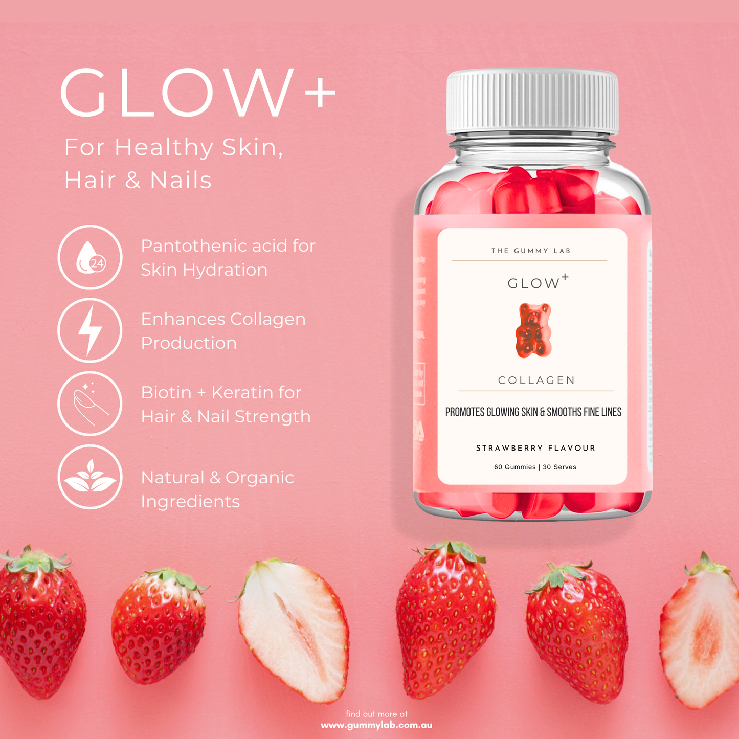 Glow+ Collagen Gummies - Strawberry Flavour image 1